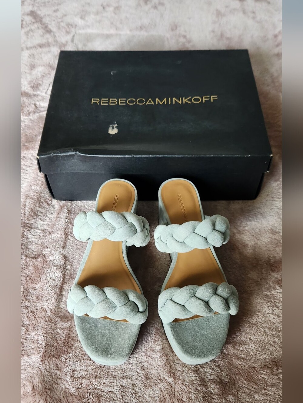 NWT Rebecca Minkoff Braided Double-Strap Slide Sandals in Sage Green. NIB. Sz 7.